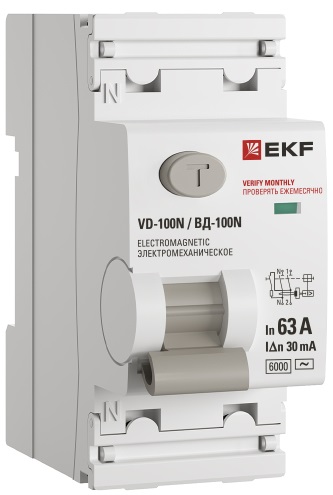 Выключатель дифференциального тока ВД-100N 2P 63А 30мА тип AC эл-мех 6кА PROXIMA EKF