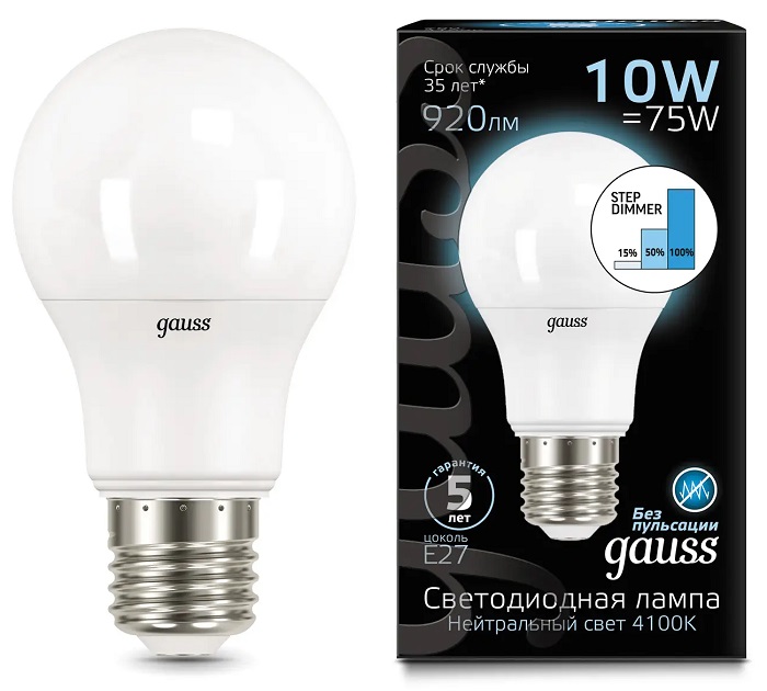Лампа GAUSS LED DIMMER (STEP) A60 10W E27 4100K 920Lm