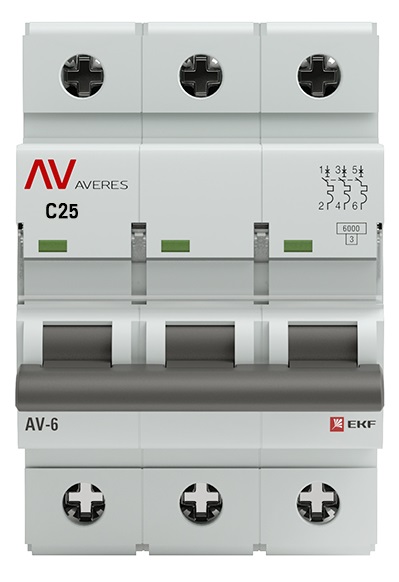 Автоматический выключатель AV-6 3P 25A (C) 6kA EKF AVERES