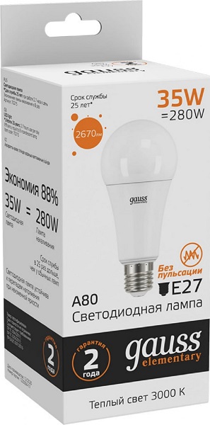 Лампа Gauss Elementary LED  A80 35W 220V E27 3000K 2670lm