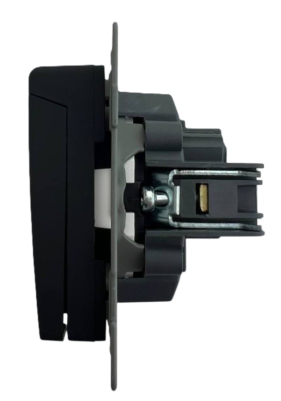 Розетка 1-я с крышкой с/з с шторками чёрная U2B-012 SoftTouch "Uno" AWSproducts