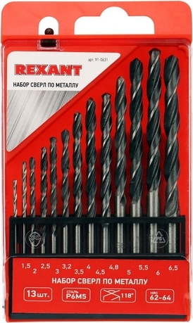 Набор сверл по металлу (HSS)  диаметр 1.5-6.5 мм (13 шт.) REXANT