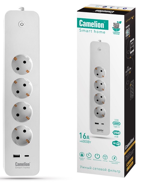 Сетевой фильтр Camelion Smart Home SZD/SH/4х1,5/WIFI (4гн.1,5м.,16A 4000В, USB+Type-С, WiFi+Счетчик)