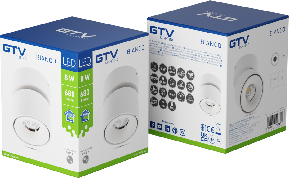 Спот LED BIANCO 8Вт 4000K 680Лм IP20 75мм белый 36° GTV