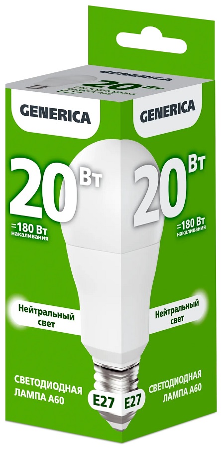 Лампа LED A60 груша 20Вт 230В 4000К E27 2000Lm GENERICA