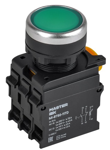 Кнопка с подсветкой и фиксацией d=22мм 1NO+1NC зелёная MASTER IEK