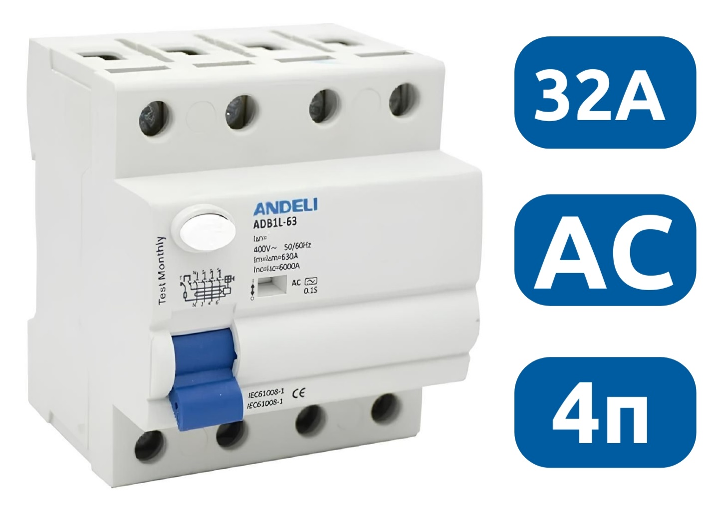 УЗО ADB1L-63 4P 32A 30mA тип AC 6kA