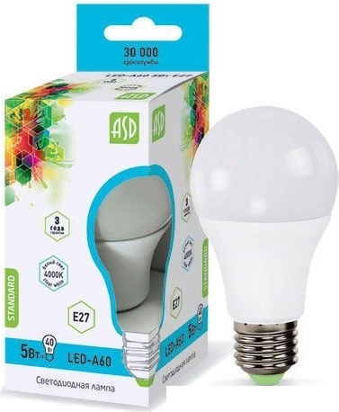 Лампа светодиодная LED-A60-standard  5Вт 220В Е27 4000К 400Лм ASD