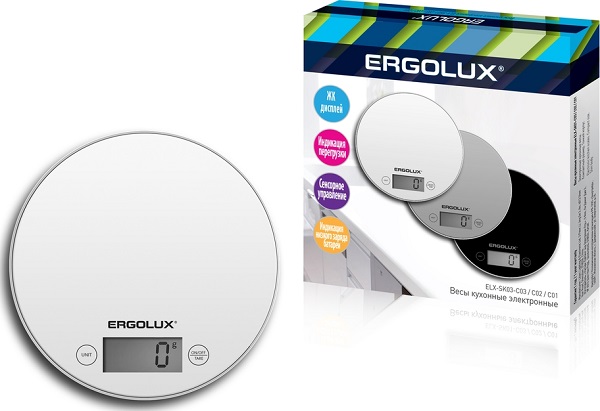 Весы кухонные круглые белые (до 5 кг, 185 мм) ERGOLUX ELX-SK03- С01