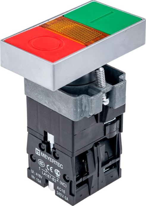 Кнопка двойная LED подсветкой, 24V AC/DC, красный/зеленый,1NO+1NC, плоский толкатель, металл MTB2-BW