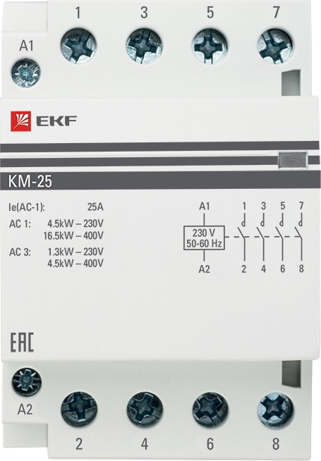 Контактор модульный КМ 25/40 (кат.230В AC, 4но, 25A PROxima) EKF