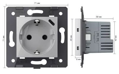 Розетка 1-я с/з USB (тип C, 3А) Серый Livolo