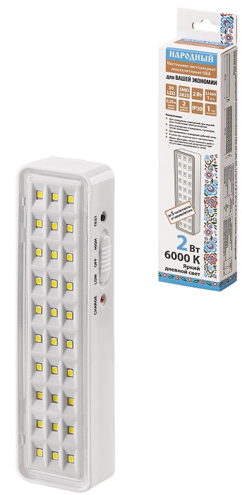 Светильник светодиодный аккумуляторный СБА 30 LED, DC, Li-ion 3,7 В 1 А*ч, 3-5 ч, пластик, Народный