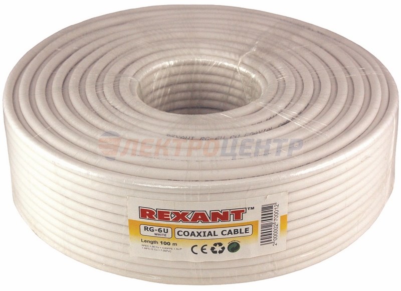 Кабель REXANT RG-6U, (64%) CCA, 75 Ом, 100м., белый