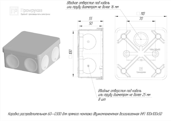 Коробка распределительная для прямого монтажа 100х100х50 серая IP66 (HF) Промрукав