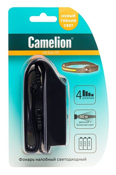 Фонарь Camelion LED5383 (налобн, черн.,COB+LED, 4 реж, 3XAAA, пласт, рез)