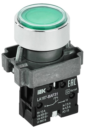 Кнопка управления LA167-BAF31 d=22мм 1з зеленая IEK