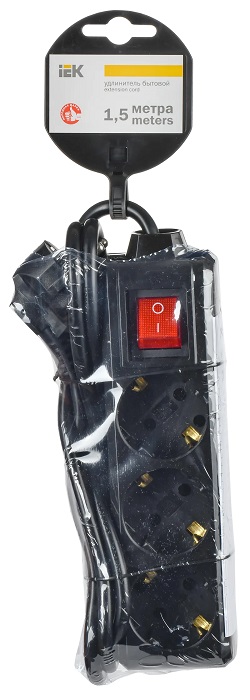 Удлинитель бытовой 3гн. 1,5м с/з с выкл. ПВС 3х1мм2 черный У03К IEK