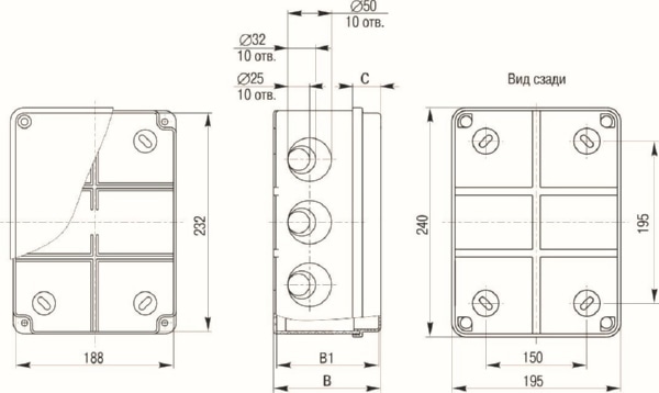 Коробка КМ41271 (серая) распаячная для о/п 240х195х90 мм IP44 (кабельные вводы 5шт) ИЭК