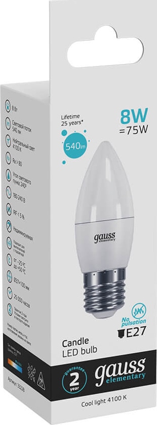 Лампа Gauss Elementary LED Свеча 8W 220V E27 4100K 540Lm