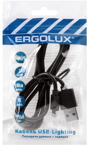 Дата-кабель ERGOLUX ELX-CDC01P-C02 ПРОМО (USB-Lightning, 2А, 1м, Черный, Пакет )