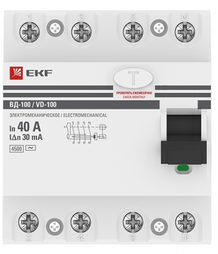 Устройство защитного отключения УЗО ВД-100 4P 40А/ 30мА (электромеханическое) EKF PROxima