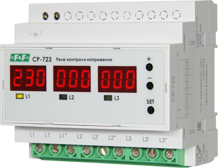 Реле контроля напряжения  CP-723 3Ф, 100-450В АС, 3NO, 63А