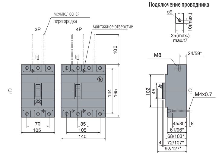 Автоматический выключатель EB2 250/3L 250A 25kA 3p. ТМ рег. расцеп.