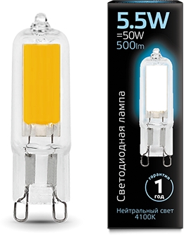 Лампа Gauss LED G9 AC220-240V 5.5W 500lm 4100K Glass 1/10/200