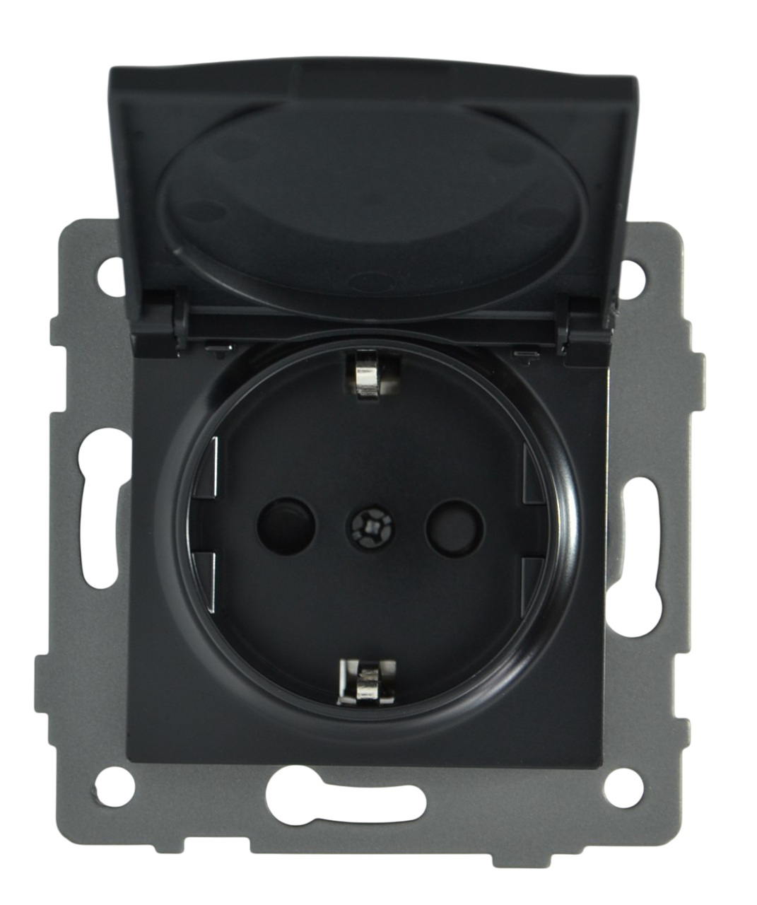 Розетка 1-я с крышкой с/з с шторками чёрная A-023B "Aura" AWSproducts