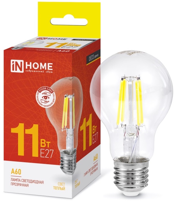 Лампа светодиодная LED-A60-DECO 11Вт 230В Е27 3000К 1160Лм прозрачная IN HOME