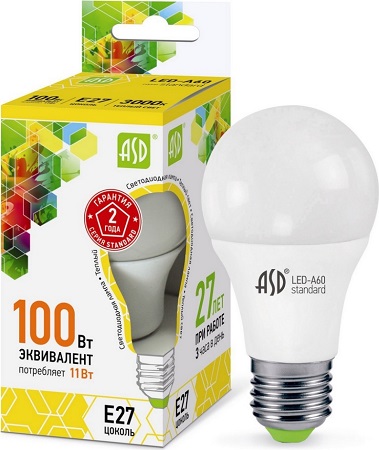 Лампа LED-A60-standard 11Вт 220В Е27 3000К 990Лм ASD
