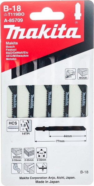 Пилки для лобзика № B18 5шт. Makita (A-85709) для криволинейного реза  древесина и синтетические мат