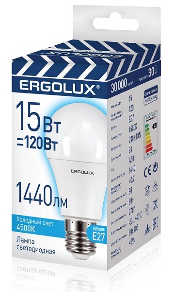 Лампа светодиодная Ergolux LED-A60-15W-E27 ЛОН 4500K 220-240В)