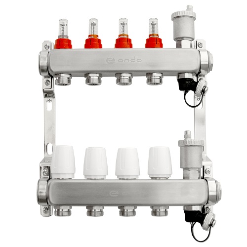 Коллекторная группа ONDO нерж сталь 4 вых. в сборе с автоматическим воздухоотводчиком, расходомерами