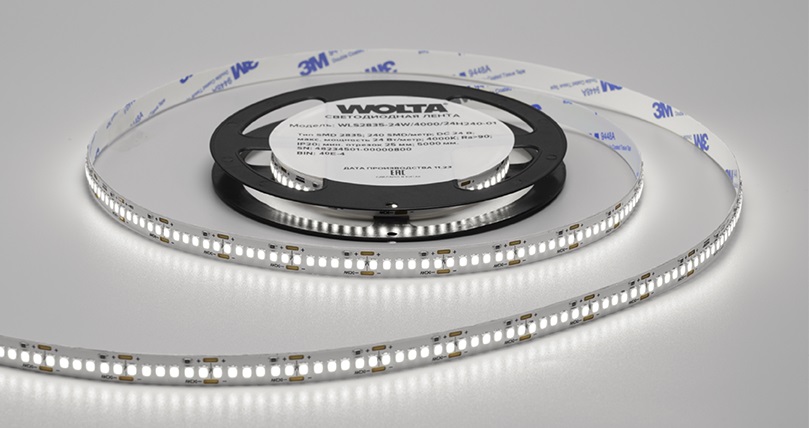 Лента LED SMD2835 24Вт 4000К 24В IP20 3200лм/м 240led/м 10мм (уп.5м) WOLTA