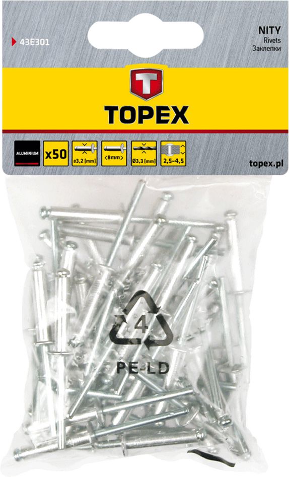 Заклепки алюминиевые 4,0 мм x 18 мм, 50 шт. TOPEX