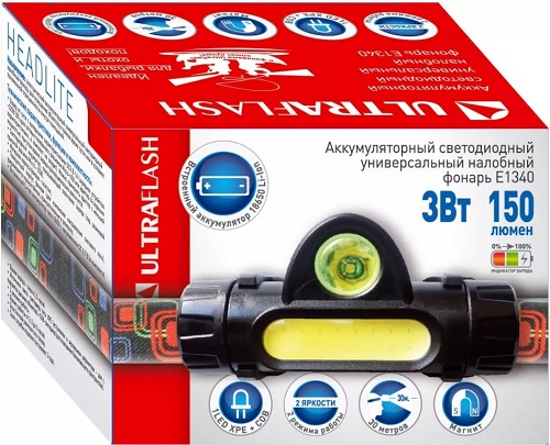 Фонарь Ultraflash E1340 (фонарь налоб. аккум 3,7В, черный, XPE + COB LED, 3 Ватт, 2 реж., магнит, бо