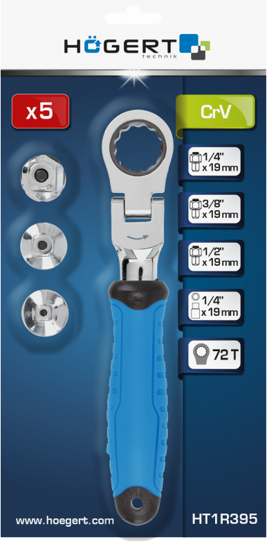 Ключ трещоточный с шарниром и адаптерами (5 шт.) HOEGERT