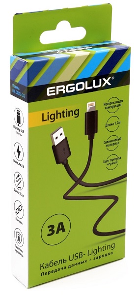 Дата-кабель ERGOLUX ELX-CDC03-C02 (USB-Lightning, 3А, 1,2м, Черный, Зарядка+Передача данных, Коробка