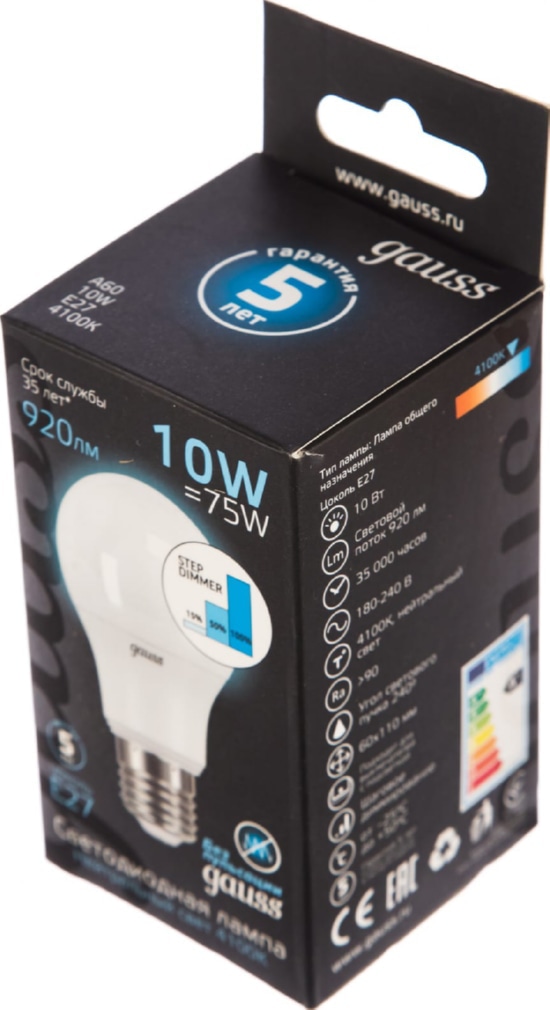 Лампа GAUSS LED DIMMER (STEP) A60 10W E27 4100K 920Lm