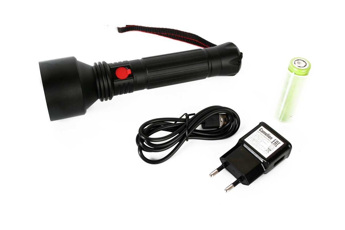 Фонарь Camelion E163 (аккум. 3,7В, черный, T40 LED, 10 Ватт, 3 реж., алюминий, бокс)