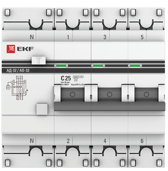 Дифференциальный автомат АД-32 3P+N 25А/30мА (хар. C, AC, электронный, защита 270В) 4,5кА EKF PROxim