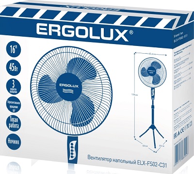 Вентилятор напольный ELX-FS02-C31  серый с белым (16 дюймов , 45 Вт, 220-240 В, 130 см) ERGOLUX