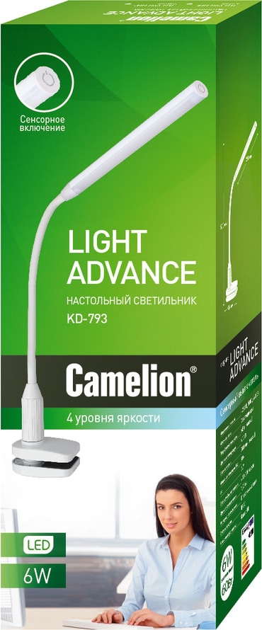 Cветильник настольный Camelion KD-793 C01 белый LED(зажим-струбцина, 6 Вт,230В, сенсорн.вкл-е, 4 ур.