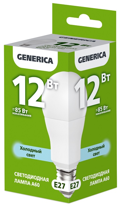 Лампа LED A60 груша 12Вт 230В 6500К E27 1200Lm GENERICA