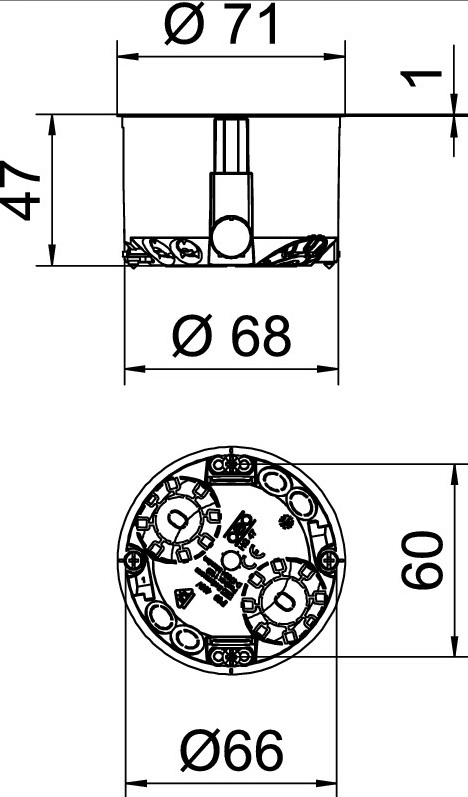 Коробка монтажная для полой стены, D68mm, H47 mm, без галогена, IP30, 6 вводов, с винтами