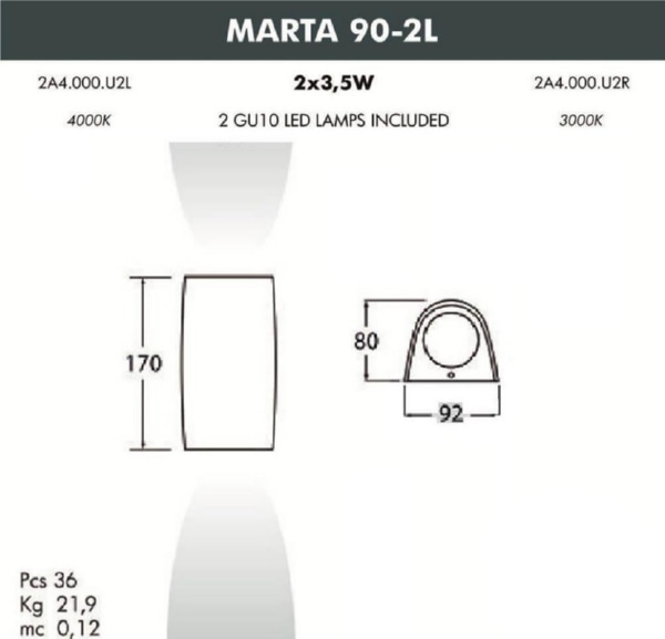 Светильник 2A4.000.000.AXU2R, MARTA 90 2L черный, полупрозр. LED с лампами 400lm, 3000K