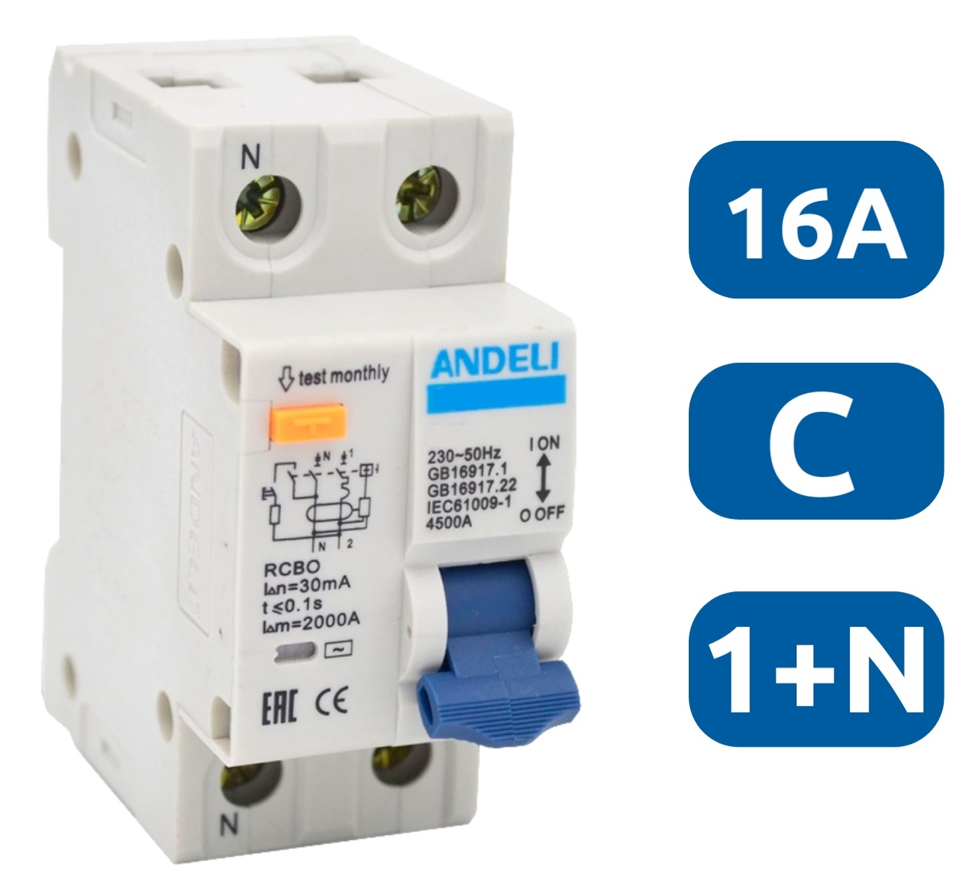 АВДТ DZ59LE-40/63 1P+N 16A 30mA х-ка С 4.5kA Andeli