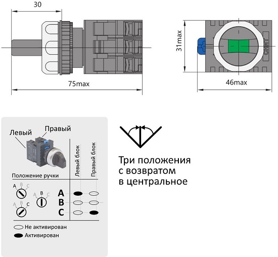 Переключатель без подсветки NP8-20X/332 3 полож. с возвратом черн.2НО IP65(R) CHINT578767